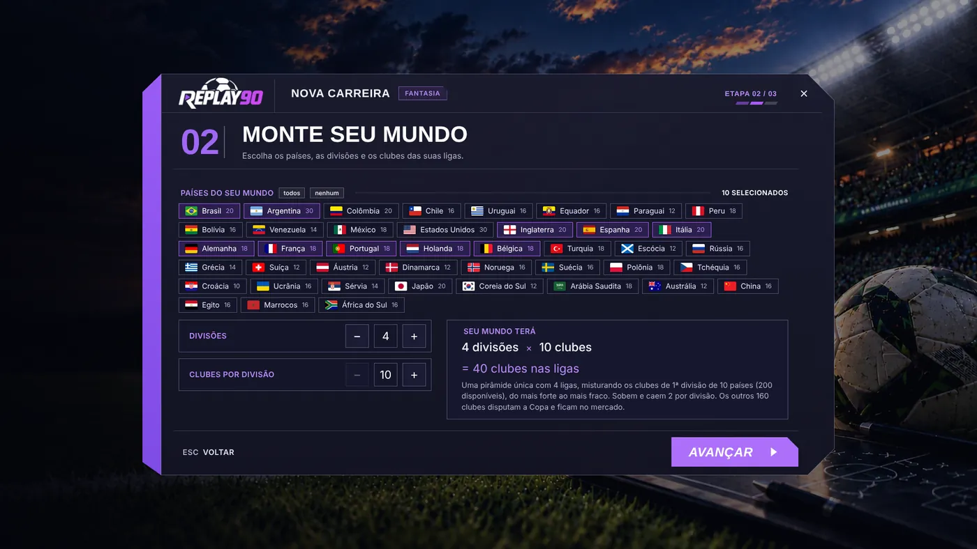 Tela Monte seu mundo do Modo Fantasia: países selecionados, número de divisões e clubes por divisão