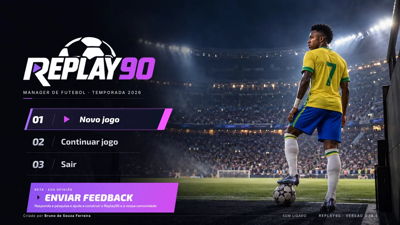 Print real da tela inicial do Replay90 com os botões Novo jogo, Continuar jogo, Sair e Enviar feedback